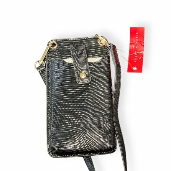 KELLY & KATIE Women’s Black Textured Faux Leather Crossbody Phone Bag NWT - Picture 2 of 5